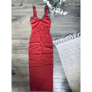 Rust bodycon midi dress.